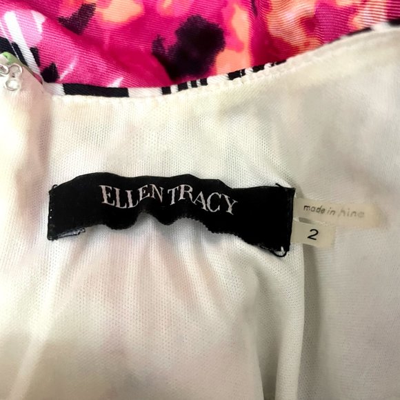 ELLEN TRACY 2 XS Floral Dress Stripe Fit Flare Keyhole Midi 50s Retro 4 S 1950s - Picture 12 of 14